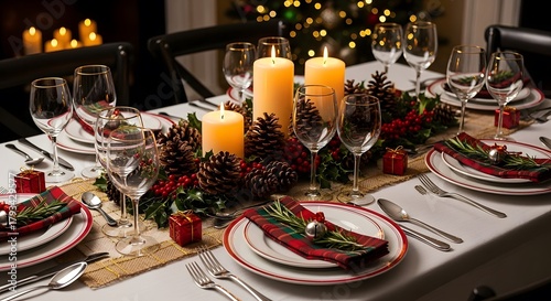 Festive holiday table setting with candles and pinecones