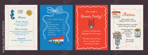 Whimsical hand drawn invitaion and menu template in trendy hand drawn style. Perfect doodle for wedding  poster, dinner and bar menu, bachelorette party, birthday invitation