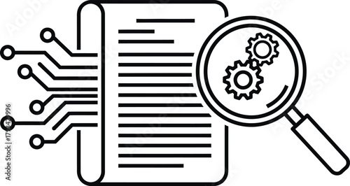 Illustration of magnifying glass with gears and document