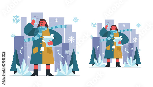 Angry woman taking a stressful business call on a cold winter day in the city