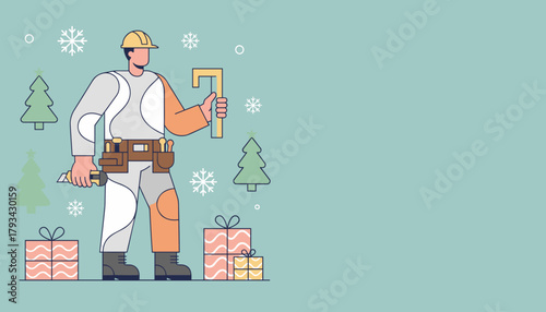 Construction worker with tools and Christmas gifts Winter season home repair and service concept