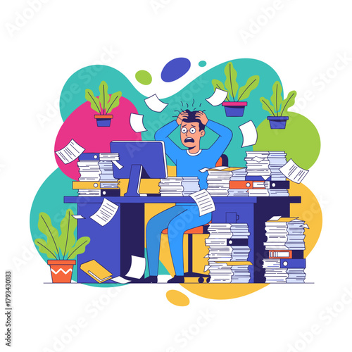 Overwhelmed businessman drowning in paper piles stress deadline and burnout concept illustration