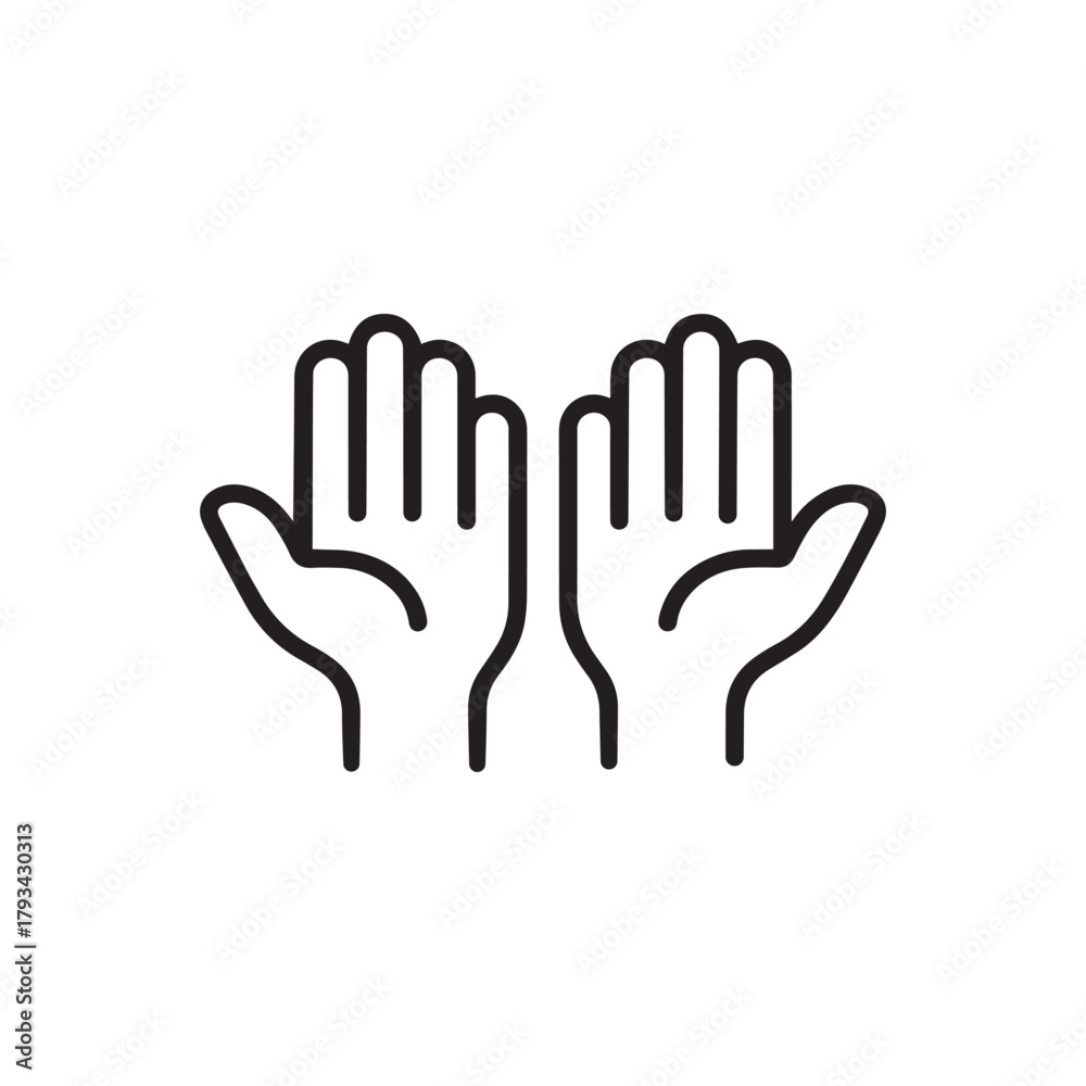 Obraz premium Open hands icon in simple line art style, symbolizing prayer, giving, or receiving on a