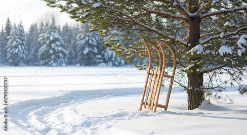 Wooden sled leans against a snow covered pine tree