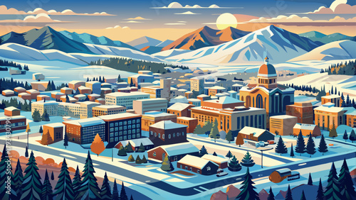 Very beautiful aerial view of Helena, Montana in December, showing the snow-covered cityscape surrounded by rolling hills and frosty forests, capturing the peaceful charm of winter in the state capita