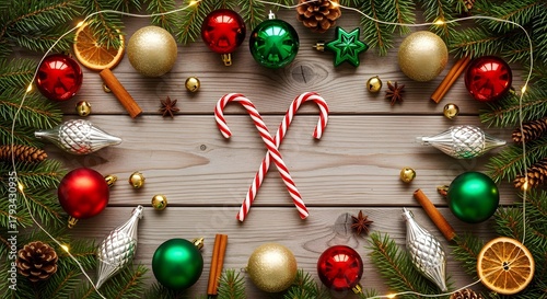 Festive holiday arrangement with ornaments and candy canes on wood