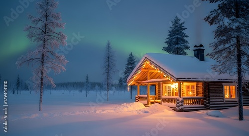 Cozy cabin under the northern lights in a winter wonderland