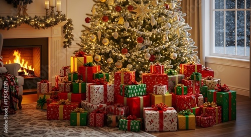 Festive christmas tree surrounded by abundant presents by a fireplace