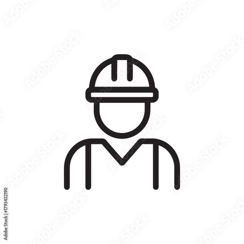 Simple line art icon of a construction worker wearing a hard hat, representing labor and industry