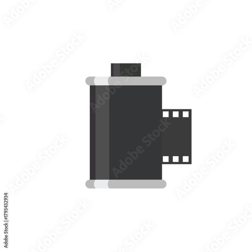 Flat vector illustration of a 35mm film canister with film strip showing, symbolizing analog photography, memory, retro media, and vintage technology.