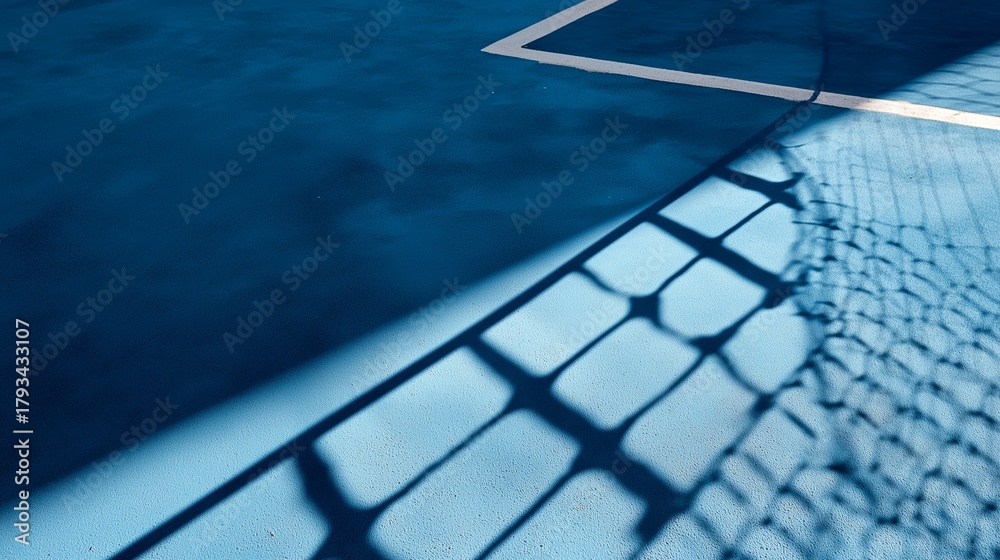 Fototapeta premium Shadow of a basketball net on blue court during bright sunlight in the afternoon
