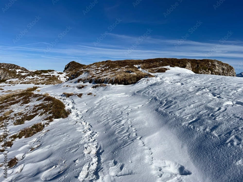Obraz premium Wonderful winter hiking trails and traces on the fresh alpine snow cover of the Bernese Oberland region, Switzerland - Herrliche Winterwanderwege und Spuren auf der frischen Schneedecke, Schweiz