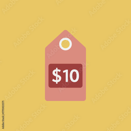 Flat vector illustration of a price tag showing $10, symbolizing retail sale, discount, fixed price, shopping, and financial value.