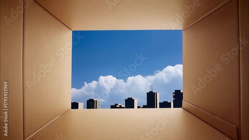 Looking at the blue sky and white clouds through the holes in the cardboard box