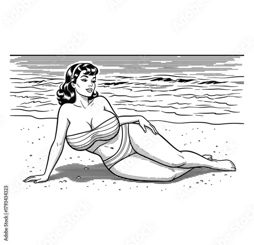 Retro Bikini Woman on Beach Engraving