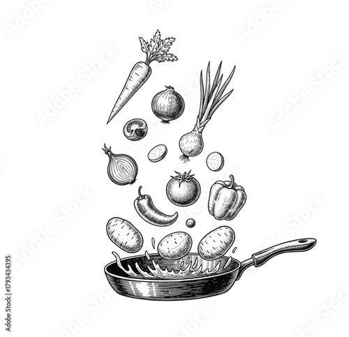 Vegetables Falling Into Frying Pan Engraving
