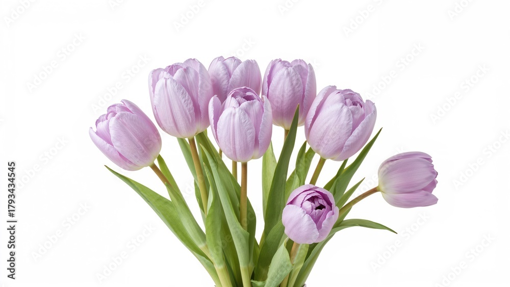 Naklejka premium Purple tulips bouquet with green stems and leaves, elegant floral arrangement. Fresh and vibrant flowers for decoration or gifting.