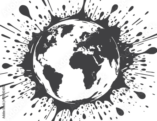  A bold black-and-white world map with splatter and grid lines creates a dynamic, modern backdrop suitable for geography, travel, education, and business themes