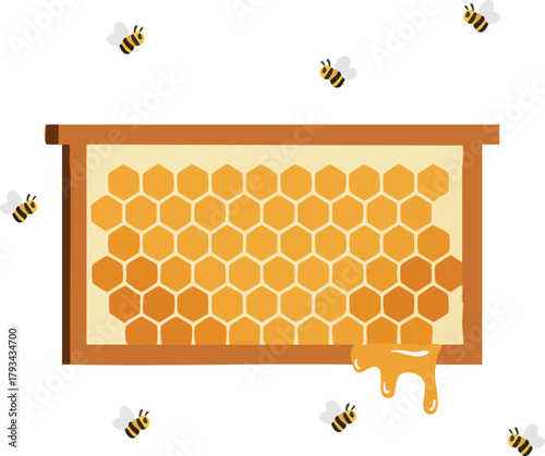 A honeycomb frame filled with golden honey, surrounded by buzzing bees in flight
