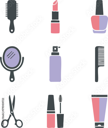 A set of beauty and grooming icons including makeup, brushes, scissors, mirror, comb, and skincare