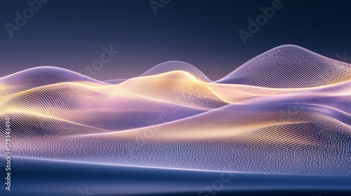 Interference visibility bands flowing particle waves luminous violet golden mesh structure digital visualization abstract technology scientific data representation