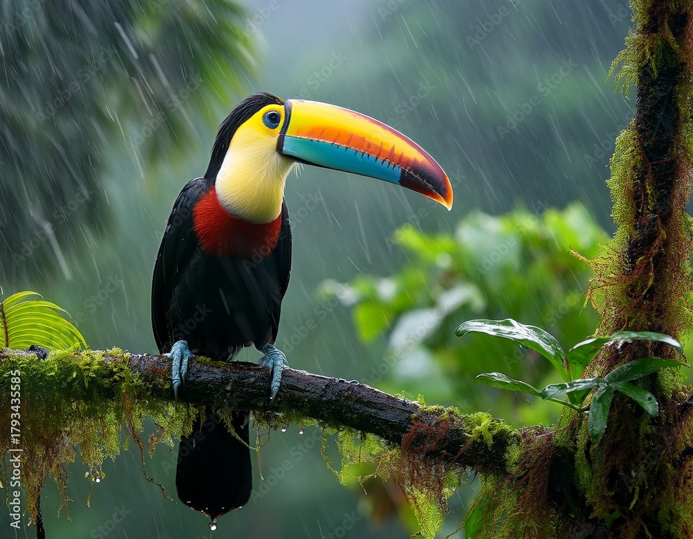Fototapeta premium colorful toucan perched on a tree in a lush forest observing tropical flora in the rain