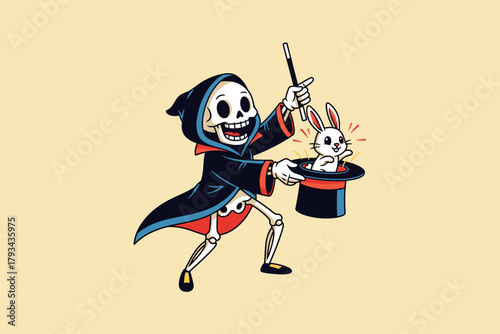Cheerful skeleton magician performs a classic rabbit from hat tr