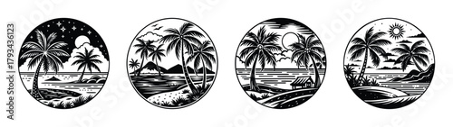Black and white tropical beach scene vector illustration with palm trees and ocean view design