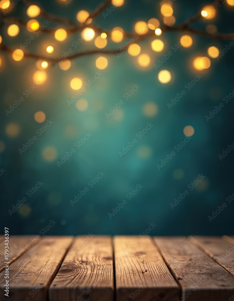 Fototapeta premium Festive background with wooden table, glowing lights. Rustic wood surface with blurred bokeh. Perfect for product display, christmas themes winter holiday celebration. Empty plank stage for web
