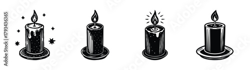 Four black and white hand drawn burning candles illustration vector graphic design element set