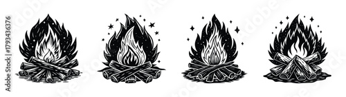 Campfire clip art vector illustration of burning wood logs for outdoor camping adventure design