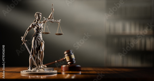 Legal Concept: Themis is the goddess of justice and the judge's gavel hammer as a symbol of law and order on the background of books