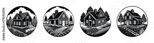 Black and white woodcut style illustration of four houses in nature landscape vector design