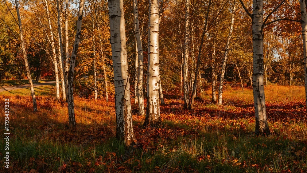 Obraz premium Autumn forest with white birch trees and orange foliage. Nature and seasonal change, warm colors. Landscape and woodland scene.