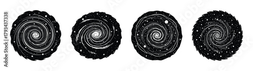 Black and white galaxy space spiral illustration, cosmic swirl nebula astronomy background, vector art