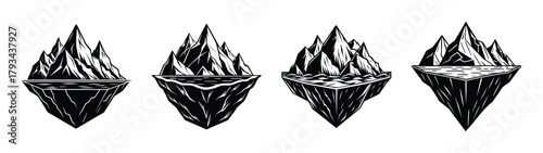 Iceberg floating island vector illustration set, mountain peak landscape design elements drawing art