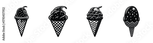 Four black and white ice cream cones vector illustration dessert sweet treat summer design art