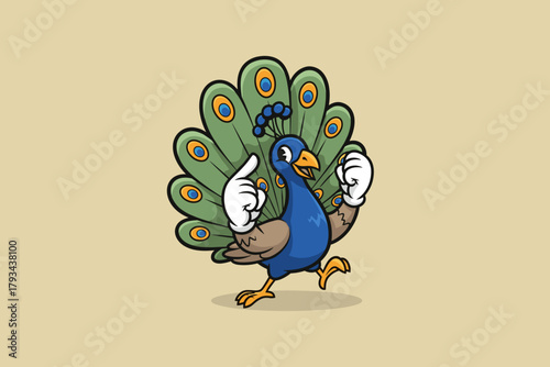 Vibrant Peacock Cartoon Character with Thumbs Up Gesture.
