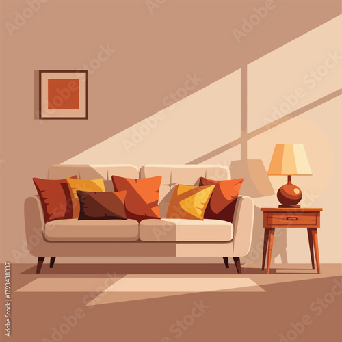 Stylish living room interior featuring a comfortable couch with colorful cushions bathed in sunlight, creating a warm, inviting and modern atmosphere