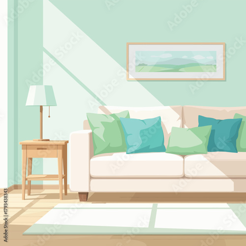 Stylish living room scene with bright sunlight, comfortable sofa and fresh interior design elements create a relaxing and inviting home atmosphere