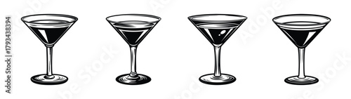 Illustration of four vintage champagne flutes for sparkling wine celebration and party drinks
