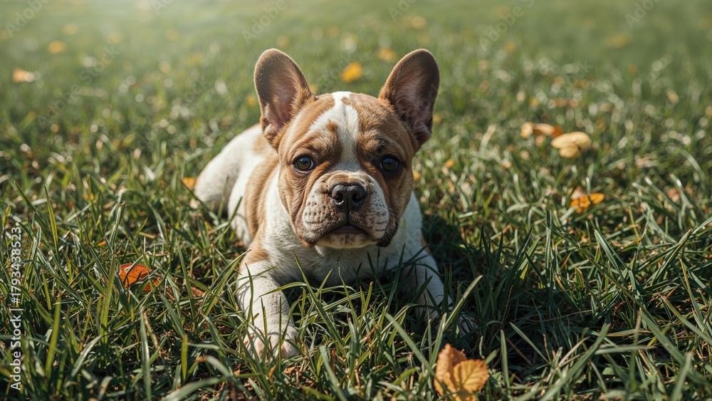 Fototapeta premium A French Bulldog puppy lying in the grass with yellow leaves scattered around.