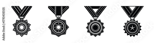Collection of black and white award medals vector graphic for achievement and recognition design