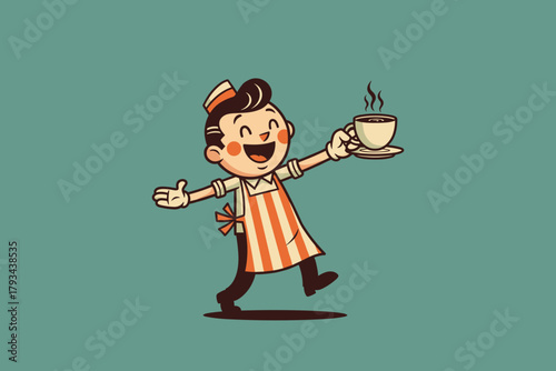 A cheerful cartoon barista serving a hot cup of coffee with a sm