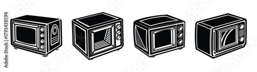 Isometric microwave oven appliance kitchen cooking vector illustration design black and white art