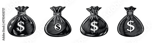 Illustrations of money bags with dollar signs for finance and business concepts and design elements