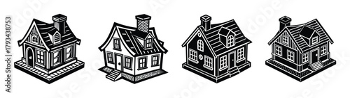 Isometric house illustration vector art black and white architecture design buildings homes drawing