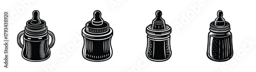 Collection of black and white tattoo ink bottles drawing vector illustration design art graphic