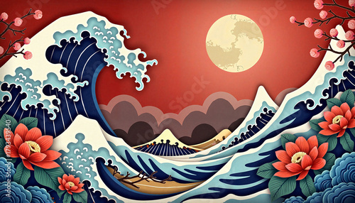 Stylized ocean waves with lotus flowers under full moon