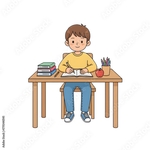 Cartoon Student Learning at Home – Cute Vector Illustration
